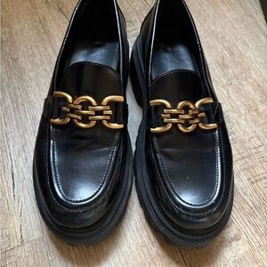 H&M Black Loafers with Gold Chain Accent